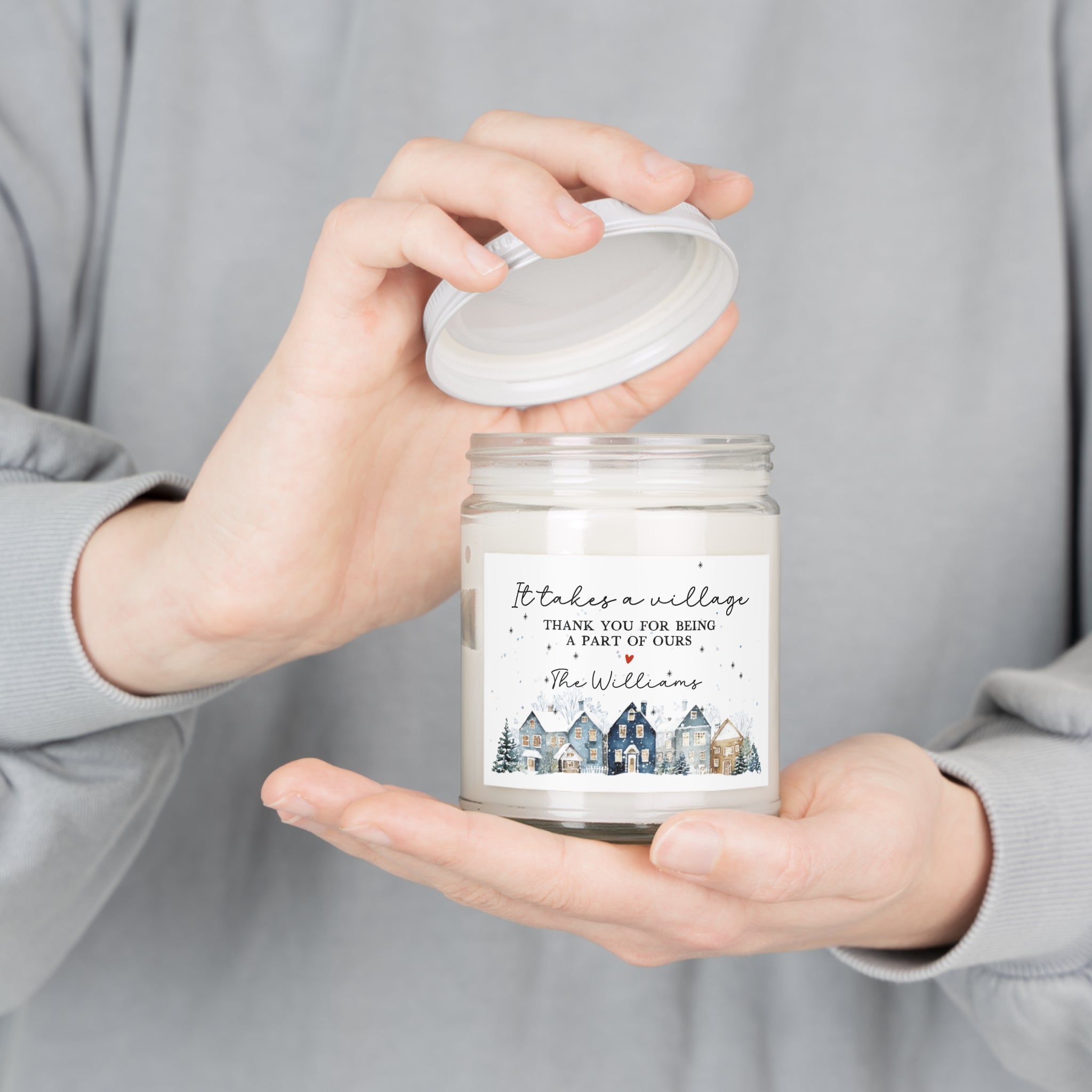 Holiday Village Soy Candle – “It Takes a Village” Personalized Thank You, 9oz