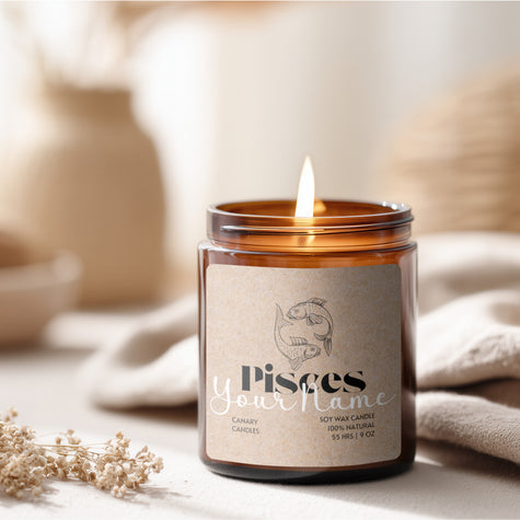 Pisces Soy Candle — Amber Jar Scented Candle (Custom Label, Multi-Size)