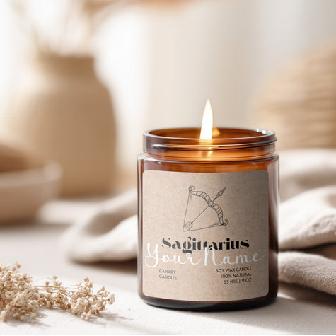 Sagittarius Soy Candle — Amber Jar, Custom Name Astrology Scented Candle