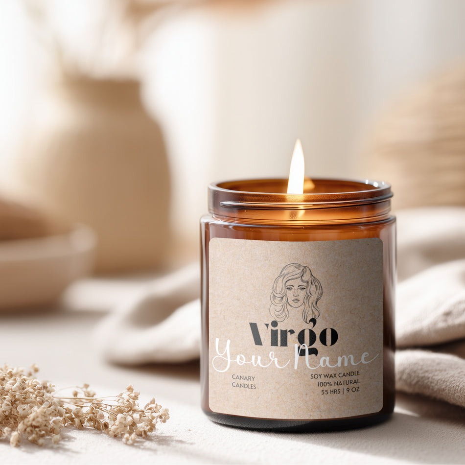 Virgo Scented Soy Candle — Amber Jar Zodiac Candle, Custom Name Option